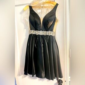 Chic Black Satin Dress with Crystal Waist